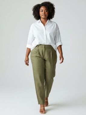Vintage Linen Trousers High Rise Relaxed Fit Pleated Pants Olive Green Size 14